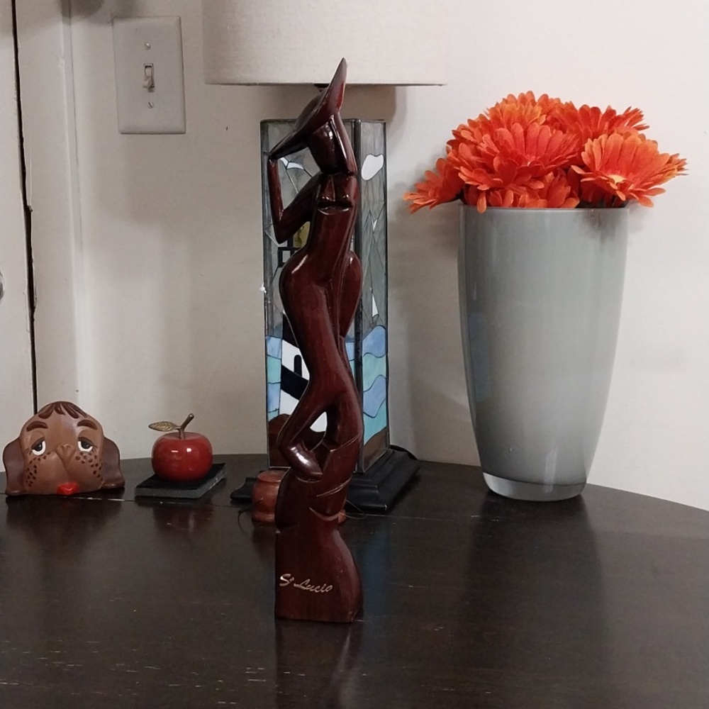 Hand-Carved Brown Wooden Abstract Souvenir  Female Sculpture -St.Lucia-15"